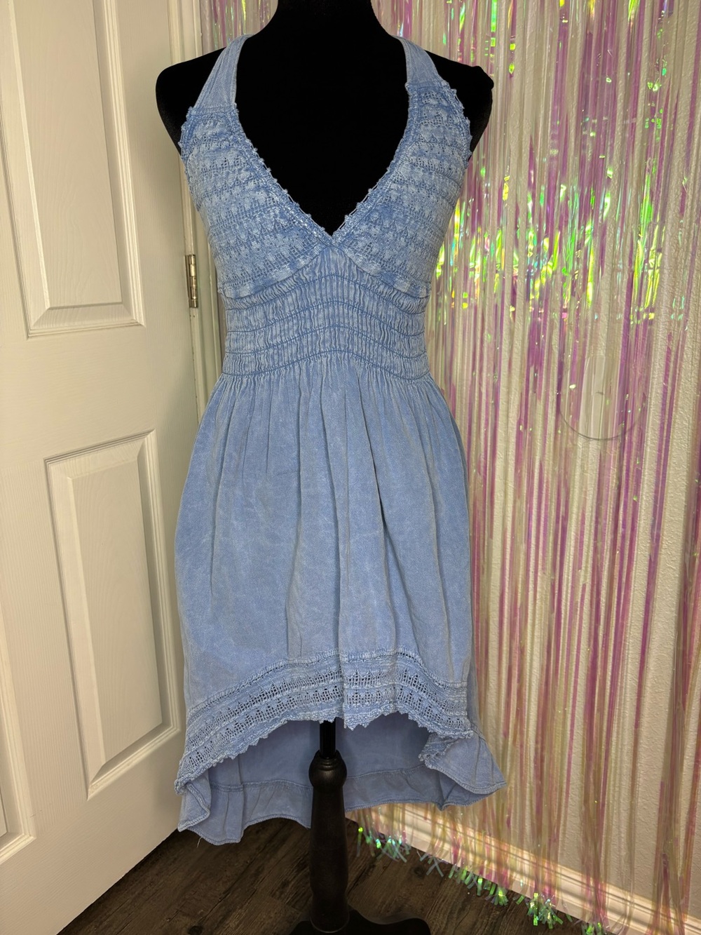 Light Blue Hi Low Western Dress Smocked Halter Top Crochet Details Cowgirl Boots